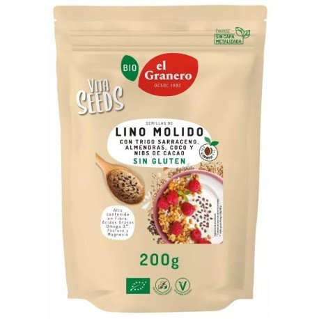 El Granero Integral Vitaseeds Lino Molido, Trigo Sarraceno, Almendra, Coco y Nibs Cacao BIO 200 gr