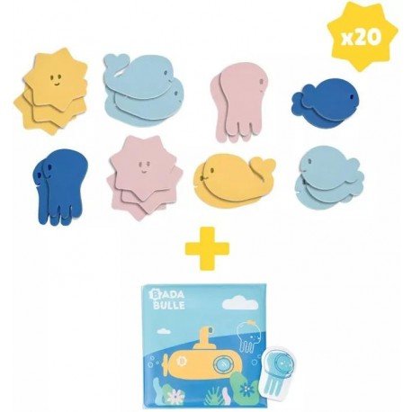 Badabulle Juguetes de Baño: 1 libro + 1 marioneta + 20 pegatinas