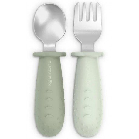 Suavinex Cuchara + Tenedor de Aprendizaje Acero Inoxidable Verde +6m 2 uds