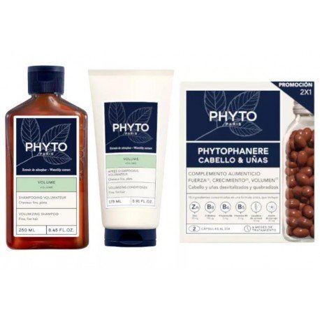 Phyto Volume Champú 250 ml + Acondicionador Volume 250 ml + Cabello y Uñas 2x120 Cápsulas